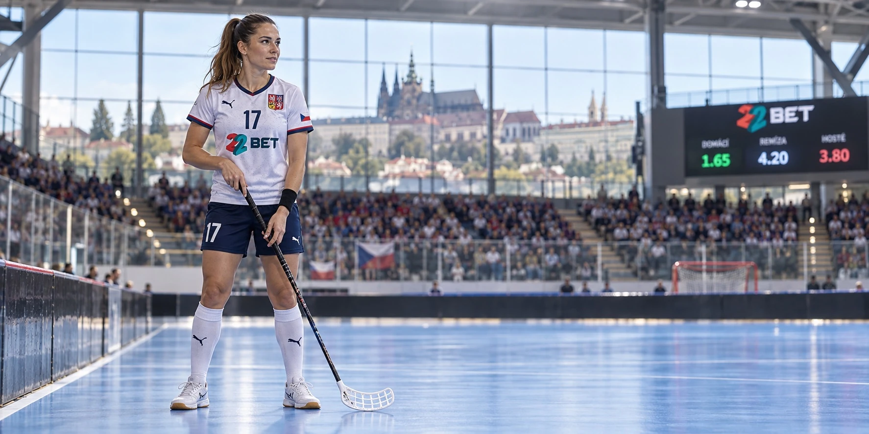 Česká florbalistka stojí na hřišti s hokejkou